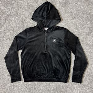 FILA Hoodie Womens Medium Black Velour 1/2 Zip Pullover Logo Pockets Soft Casual